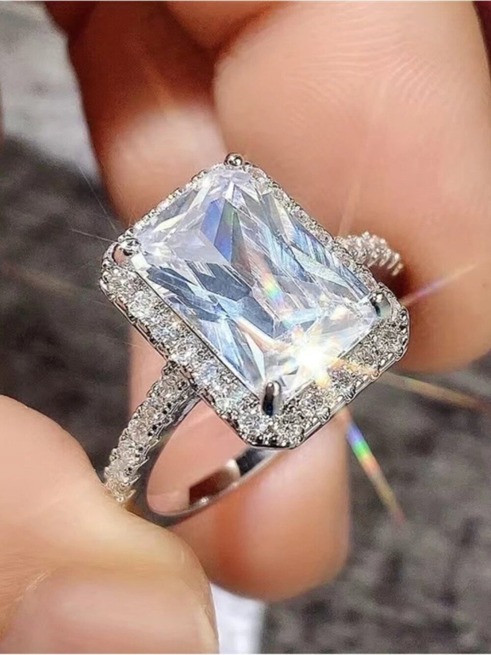 Silver-Plated Square Cut Cubic Zirconia Engagement Style Ring Size 6